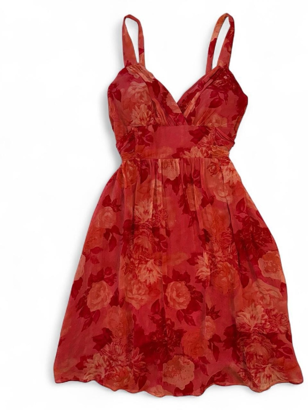 Vintage Silk Red & Pink Floral V-Neck Sundress - Size 14